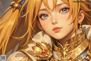 A girl with long blonde hair and blue eyes wearing a gold outfit.